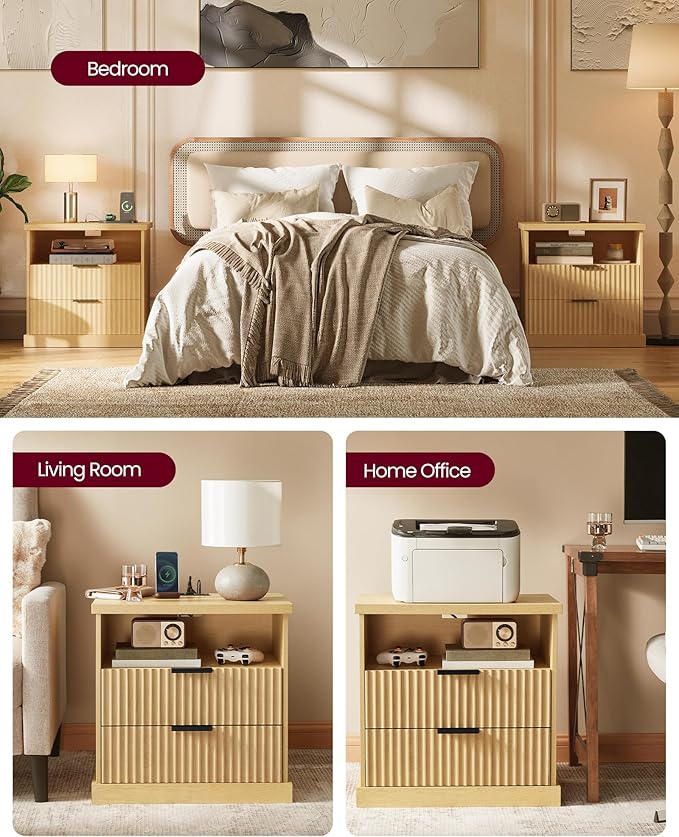 VASAGLE MAXE Collection - Nightstand with Charging Station, Bedside Table, Si...