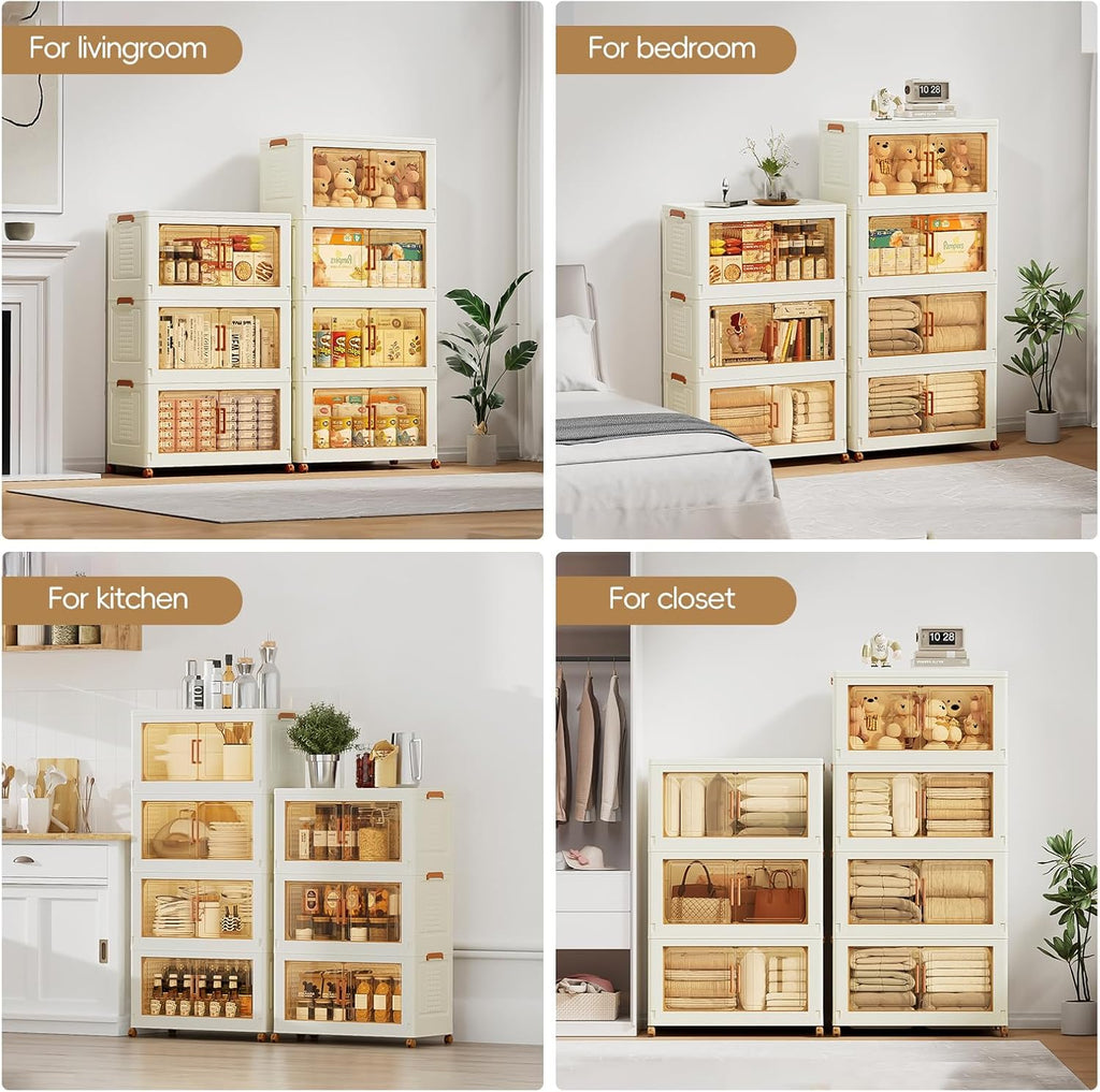 JEKO&JEKO 324 Qt Extra Large Plastic Storage Cabinets with Lids, Front Doors & Wheels, 3-Pack Stackable Collapsible Storage Bins for Bedroom, Home & Closet Organization, Cream