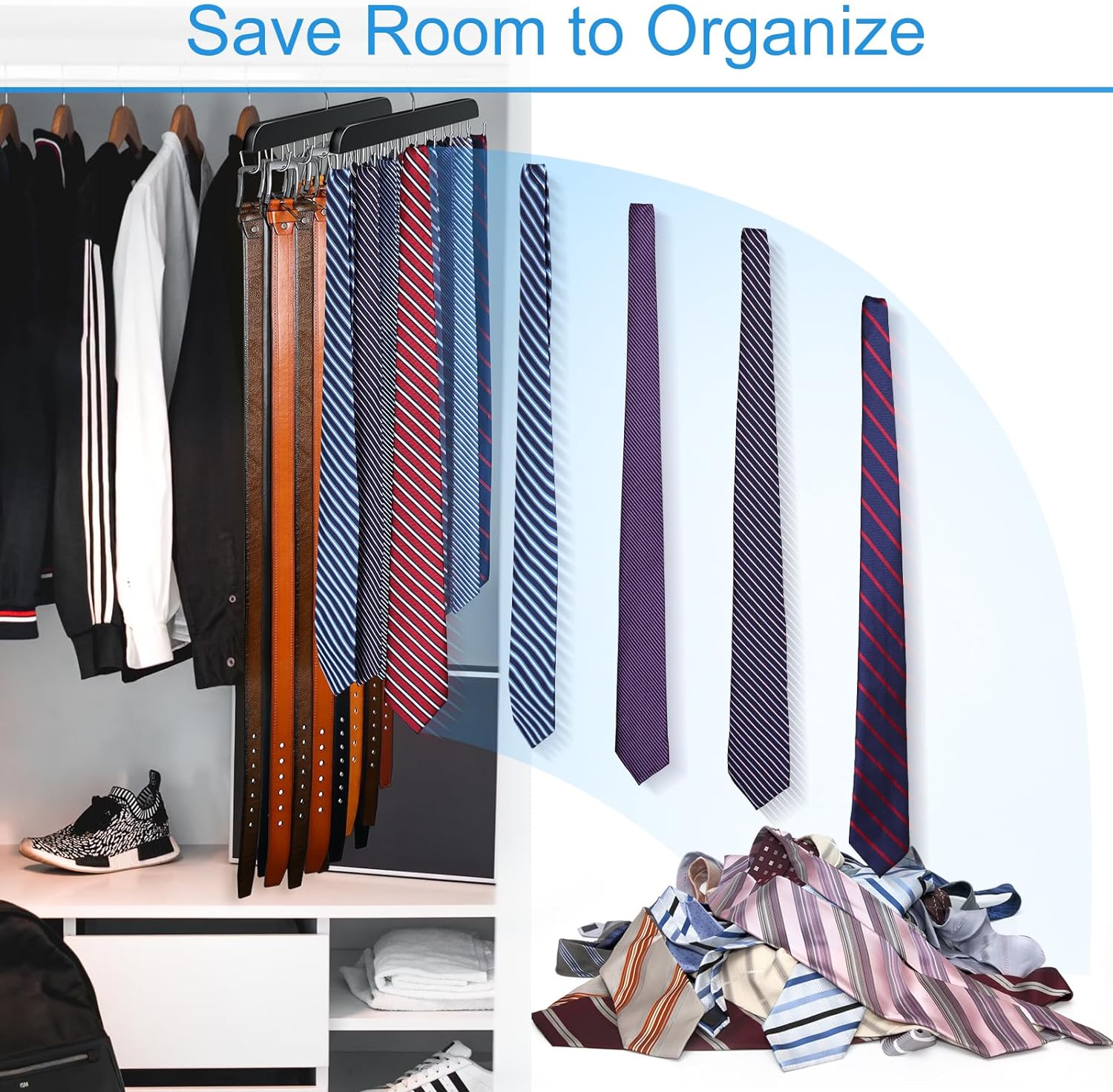 Belt Hanger for Closet Max 42 Belts, Sturdy Wood Belt Rack Closet Accessories with 14 Hooks Belt Organizer for Closet Organizers and Storage -Black 1 Pack