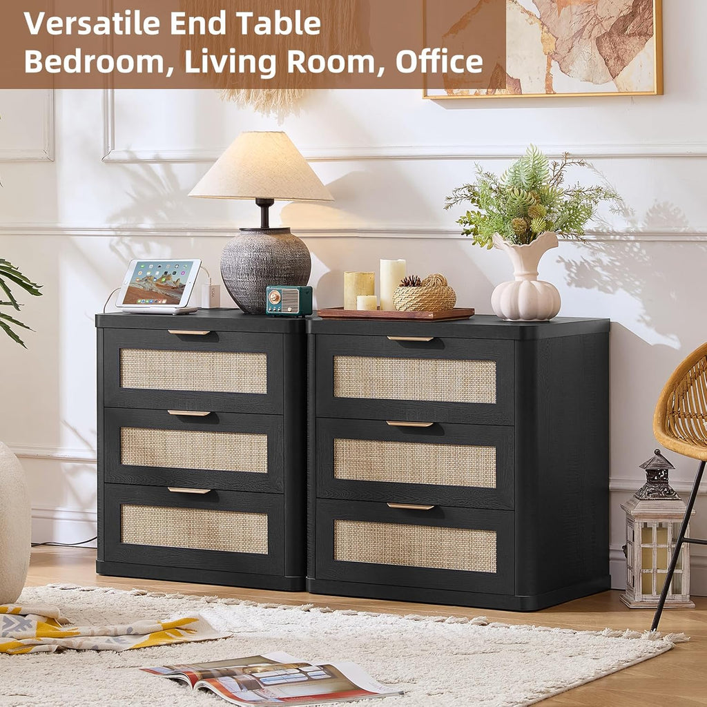 LEYAOYAO Rattan Night Stand Set of 2 with Charger Station, 23" Large 3 Drawer Boho Nightstand, Black Bedside Table Storage Cabinet, Bed Side End Tables for Bedroom, Living Room, Hallway