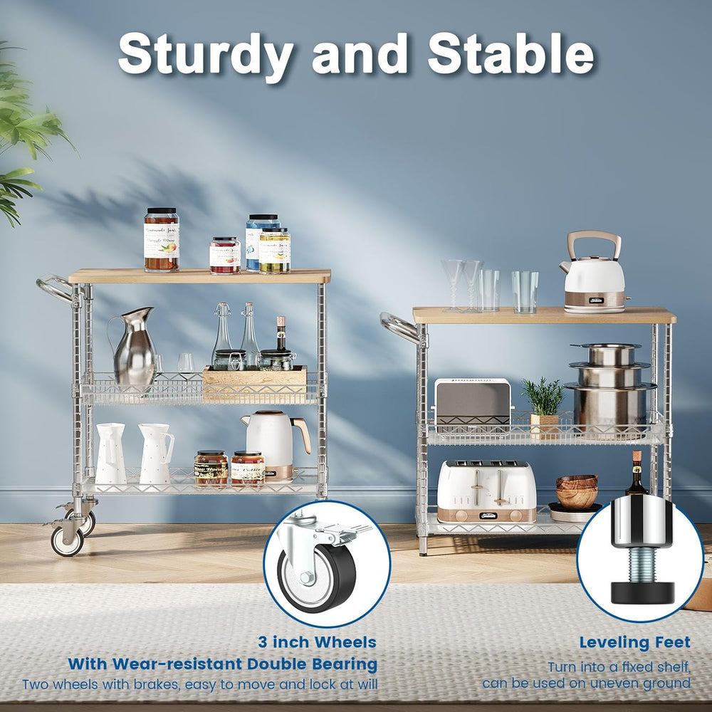 Leteuke Rolling Kitchen Carts with Wheels, 34" L x 17.5" W, 3-Tier ...
