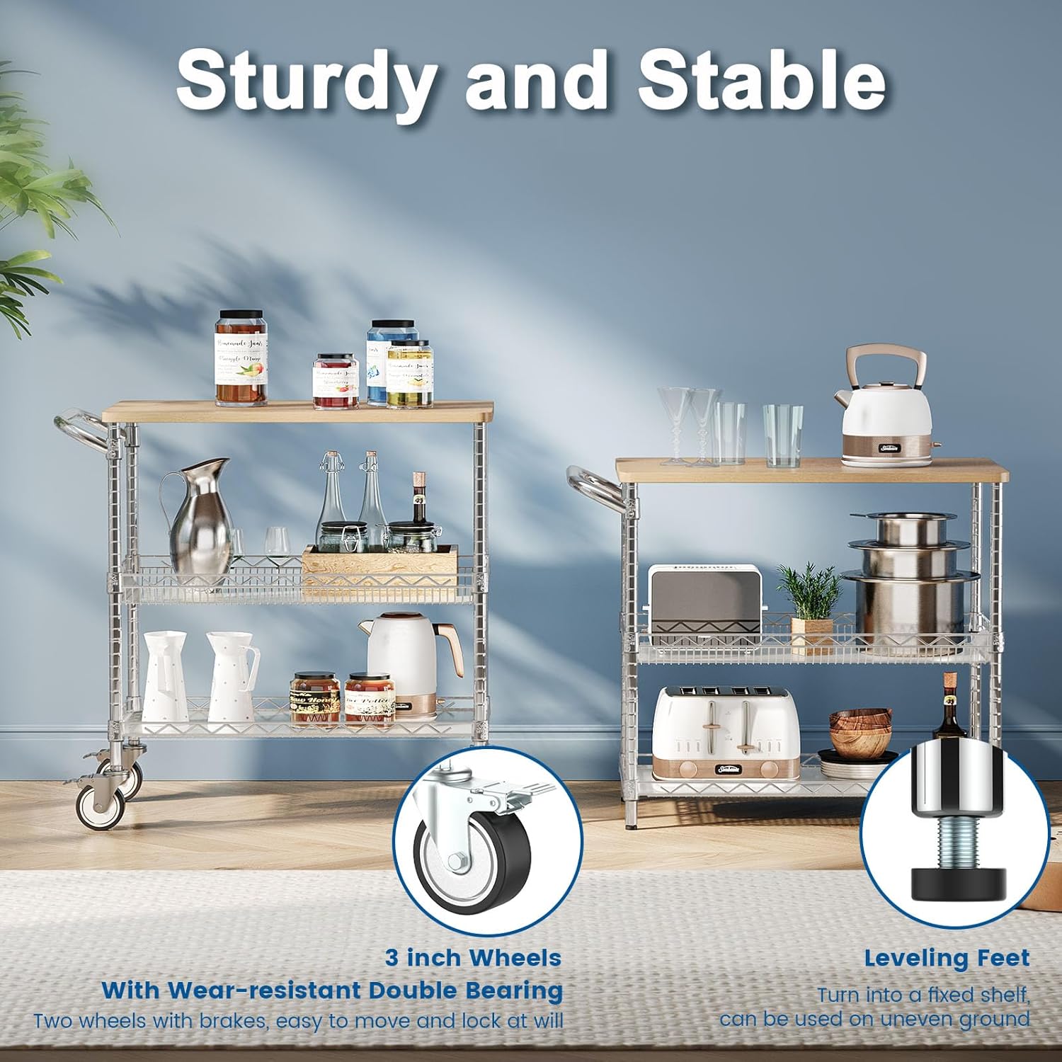 Leteuke Rolling Kitchen Carts with Wheels, 34" L x 17.5" W, 3-Tier Heavy Duty Utility Cart with Wood Tabletop, NSF Commercial Metal Serving Cart with Handle and Shelf Liner for Kitchen, Chrome
