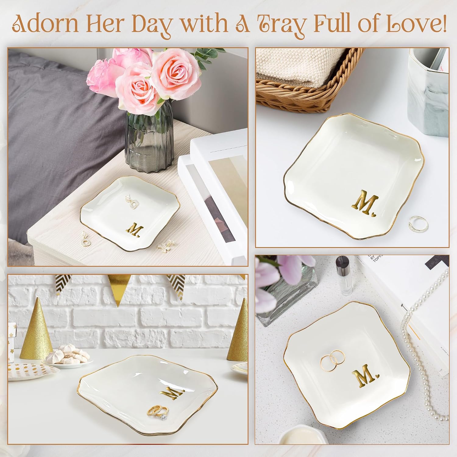 Bridal Shower Gifts for Women - 4"x4" Jewelry Dish Tray Letter M | Wedding Gifts, Engagement Gift, Initials Ceramic Personalized Ring for Women, Dish Gold Trim Design, Desk Vanity Decor