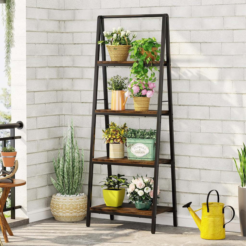Homeiju Ladder Shelf, 4-Tier Leaning Ladder Bookshelf, Rustic and Wood Ladder Shelf Bookcase, Industrial Ladder Shelf Storage Rack for Home Office, Bedroom, Bathroom or Kitchen