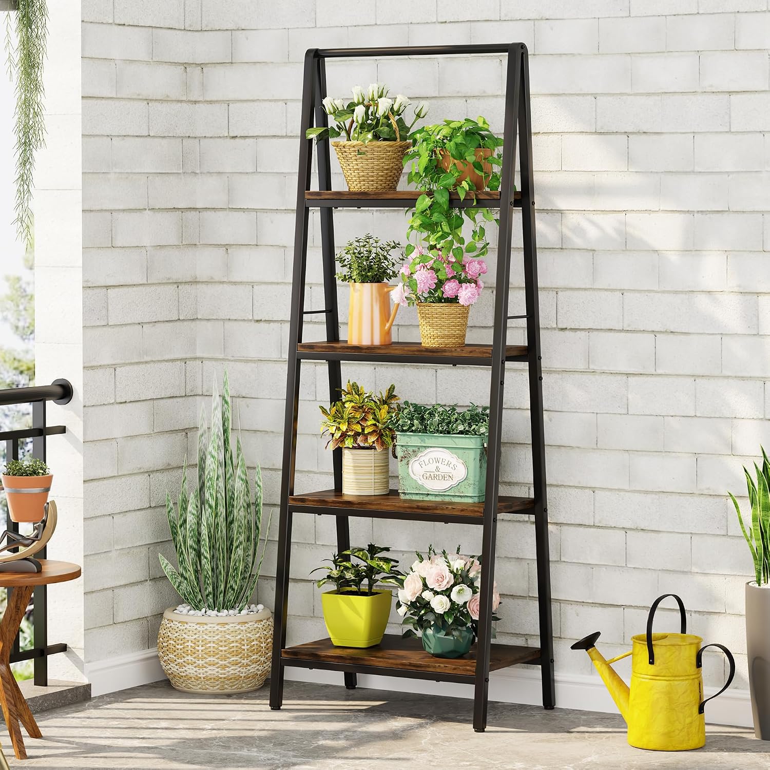 Homeiju Ladder Shelf, 4-Tier Leaning Ladder Bookshelf, Rustic and Wood Ladder Shelf Bookcase, Industrial Ladder Shelf Storage Rack for Home Office, Bedroom, Bathroom or Kitchen