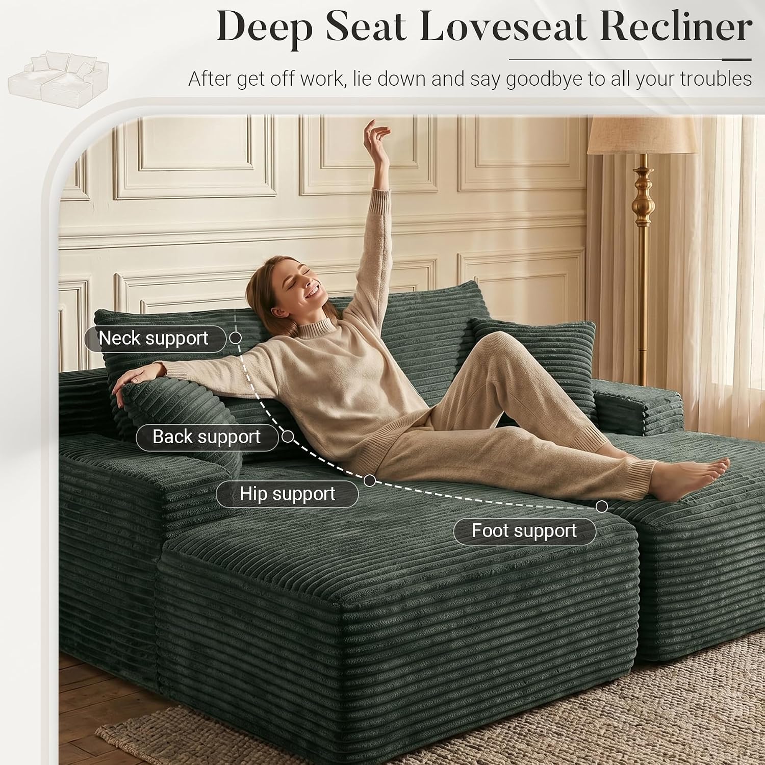 80" Boneless Chaise Lounge Chair Indoor, Double Chaise Lounge Chairs Indoor,Boneless Loveseat Chairs with Comfort Corduroy, No Assembly Required/40D Memory Foam/Living Room/Bedroom (Green)