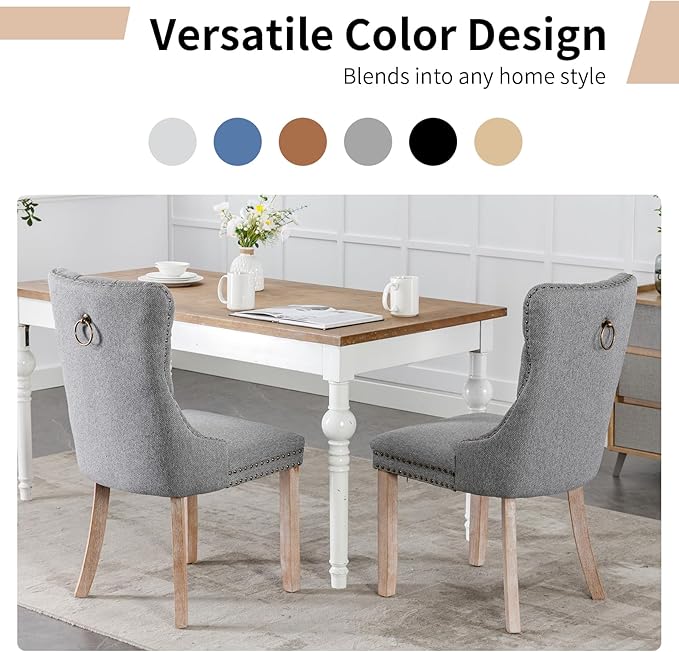 Modern Dining Chairs Set of 6, Tufted Upholstered Dining Chairs with Solid Wood Legs, Grey Linen Fabric Kitchen Chair, Sillas de Comedor, Comfy Kitchen Chair (Gray, Linen, 6Pcs)