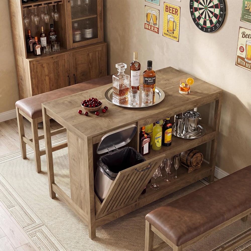 LITTLE TREE 55" Kitchen Island with Trash Can Storage, 3-Tier Island Tab...