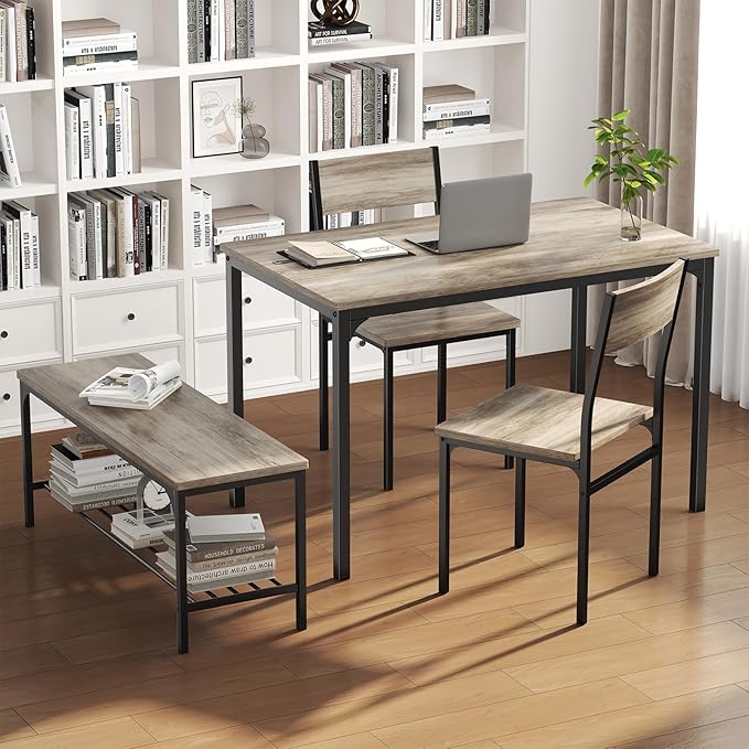 DUMOS Dining Table Set, Dining Table for 4 with Bench, Kitchen Table, Space-Saving Ideal 4-Person Set for Dining Room Kitchen Apartment Corner Grey 4 Pack