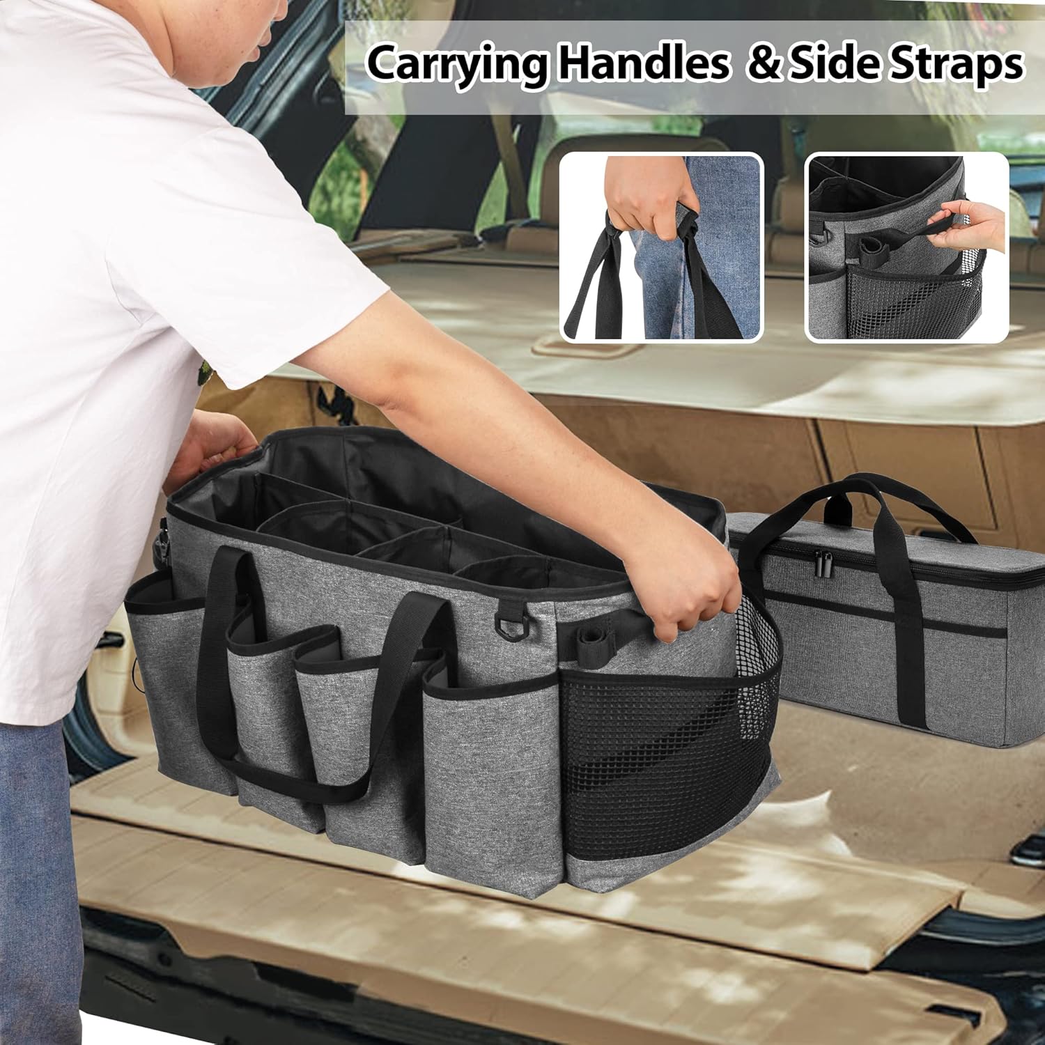 Detailing Bag with Polisher Carry Bag, Large Detail Car Care Box for Auto Detailing Supplies, Car Wash Caddy & Trunk Organizer for Buffer Bottle Towel & Cleaning Kit, Gray, Patent Design