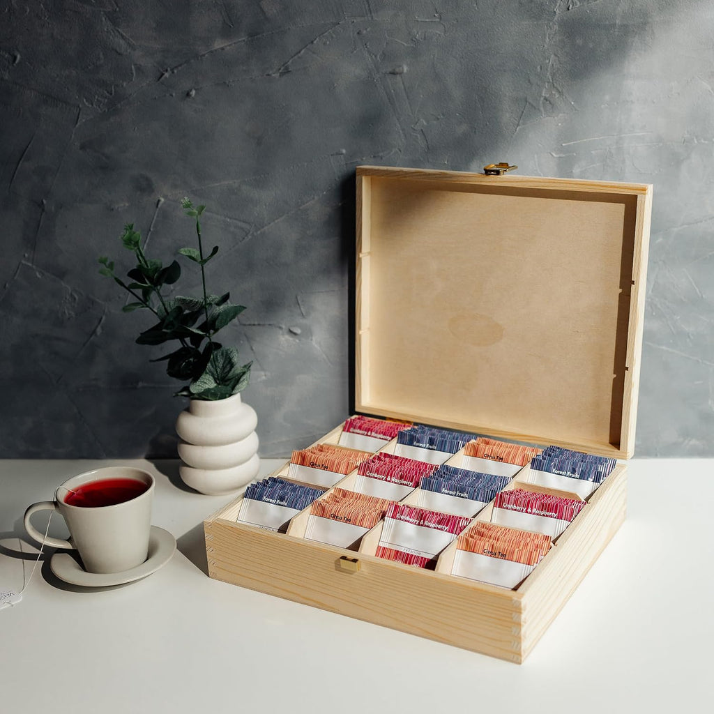 Creative Deco Personalized Wooden Tea Box Storage | 12 Compartments | Your Text + Photo/Logo | 11.41x9.84x2.95in | Luxury Organizer Bag Container Keepsake Chest | Gift Christmas Xmas | UV Print