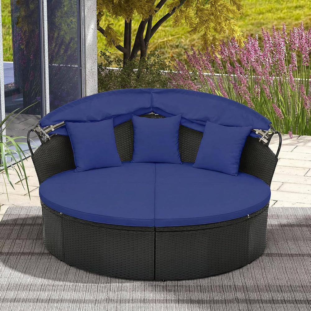 RELAX4LIFE Round Outdoor Daybed with Canopy - Wicker Sectional Sofa Sunbed w/...
