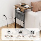 Vagusicc C-Shaped End Table with Charging Station, Small Side Table for Couch, 33" Tall C Table Adjustable Height Side Table, Couch Tables that Slide Under, Sofa Table TV Tray for Living Room, Brown