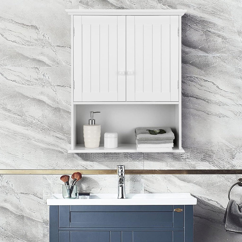 Tangkula Wall Mount Bathroom Cabinet Wooden Medicine Cabinet Storage Organizer with 2-Doors and 1-Shelf Cottage Collection Wall Cabinet (White)