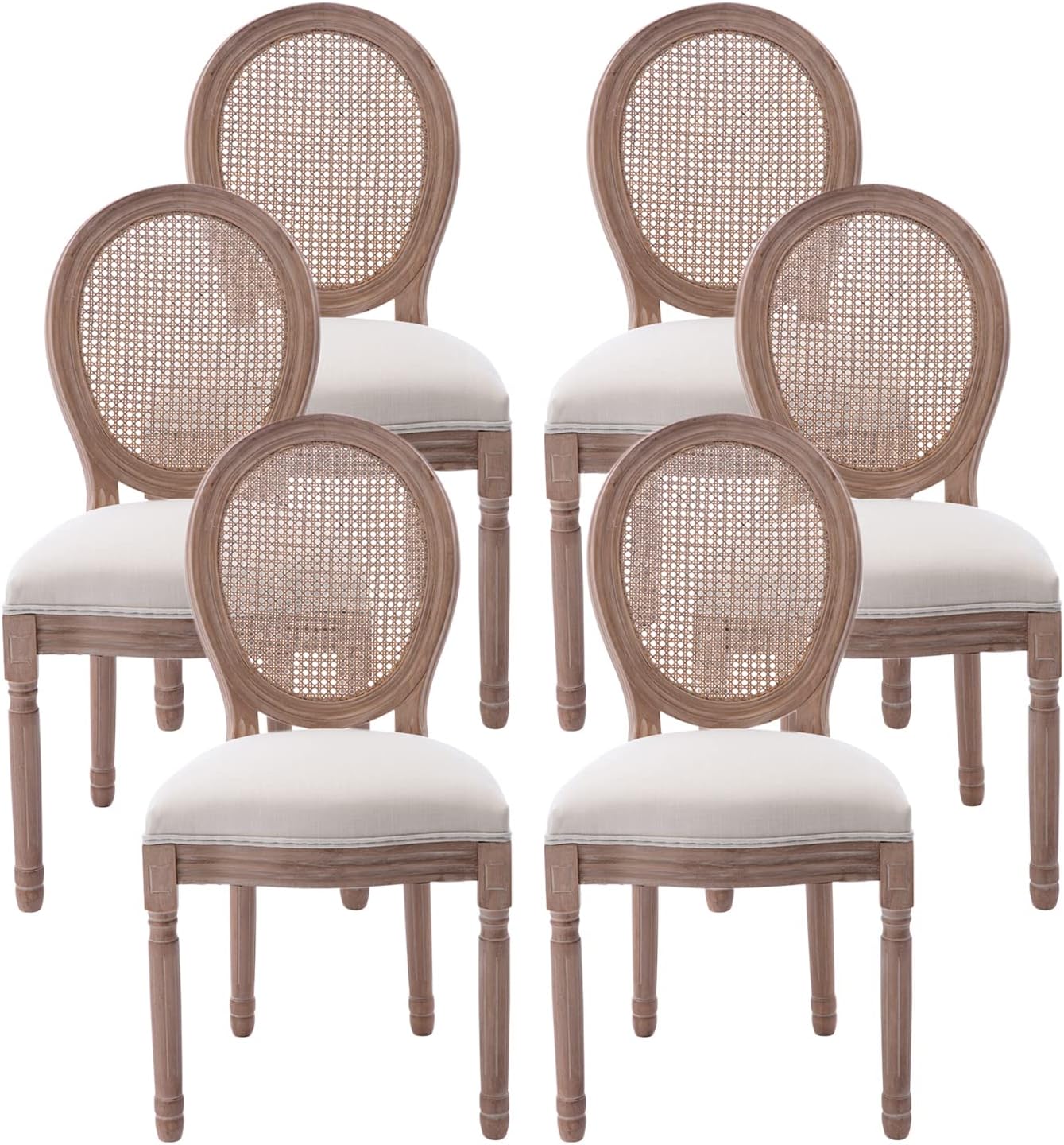 Nrizc Farmhouse Fabric Dining Room Chairs Set of 6, French Chairs with Round Back, Rattan Dining Chair, Oval Side Chair for Dining Room/Kitchen/Restaurant