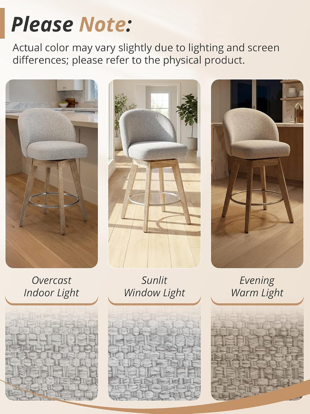 LUE BONA 360° Swivel Bar Stools Set of 4, 26" Wood Legs, Fabric Light Gray