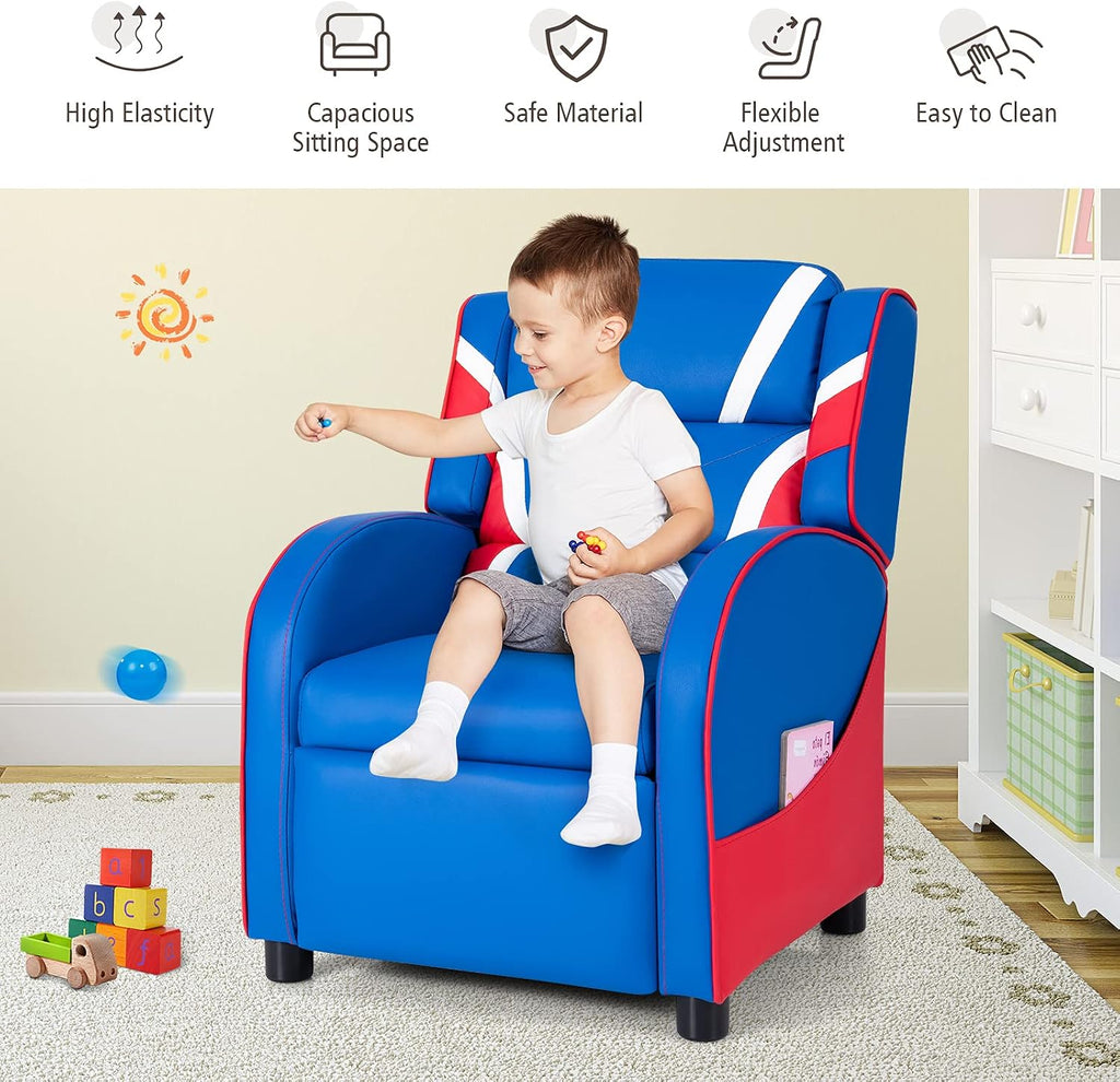 Costzon Kids Recliner, Gaming Recliner Chair w/Footrest, Headrest, Lumbar Support & Side Pockets, Ergonomic Leather Lounge Chair for Living & Gaming Room, Adjustable Recliner Sofa for Boys Girls, Blue