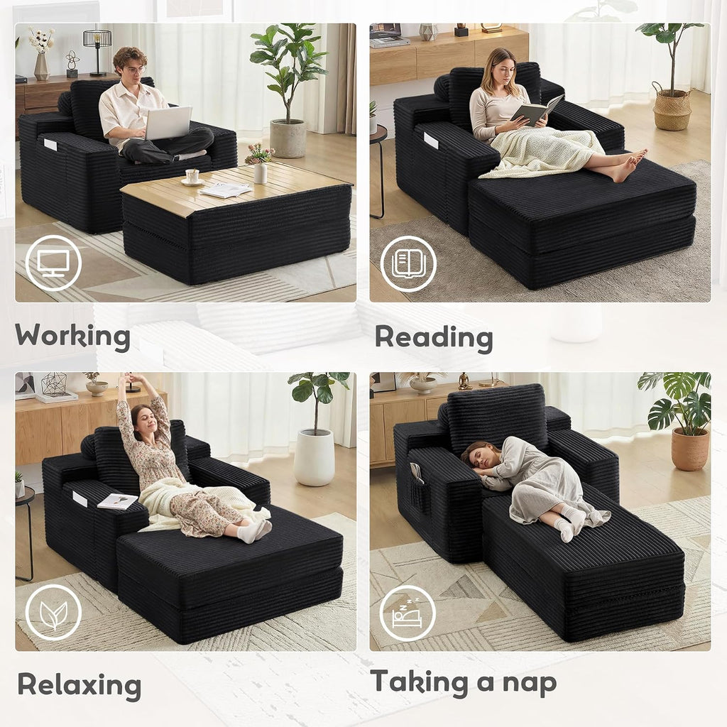 72.8" Convertible Chaise Lounge Sofa Bed, Corduroy Sleeper Boneless Couch with Removable Pillow & Movable Table Tray, Deep Seat No-Assembly Sofa for Living Room, Bedroom, Apartment, Black