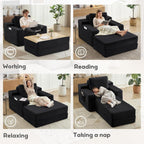 72.8" Convertible Chaise Lounge Sofa Bed, Corduroy Sleeper Boneless Couch with Removable Pillow & Movable Table Tray, Deep Seat No-Assembly Sofa for Living Room, Bedroom, Apartment, Black