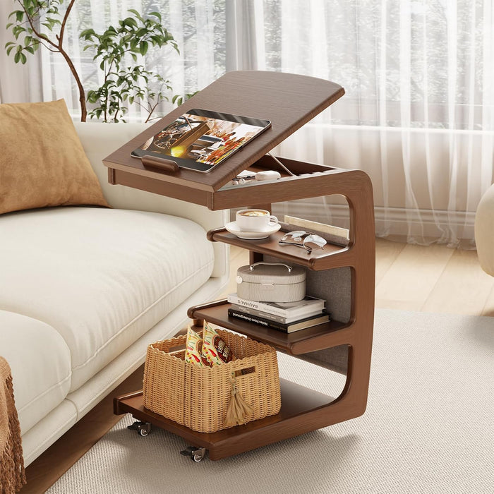 AQIMUELE C Shaped Side Table with Wheels, Rolling Side Table with Storage