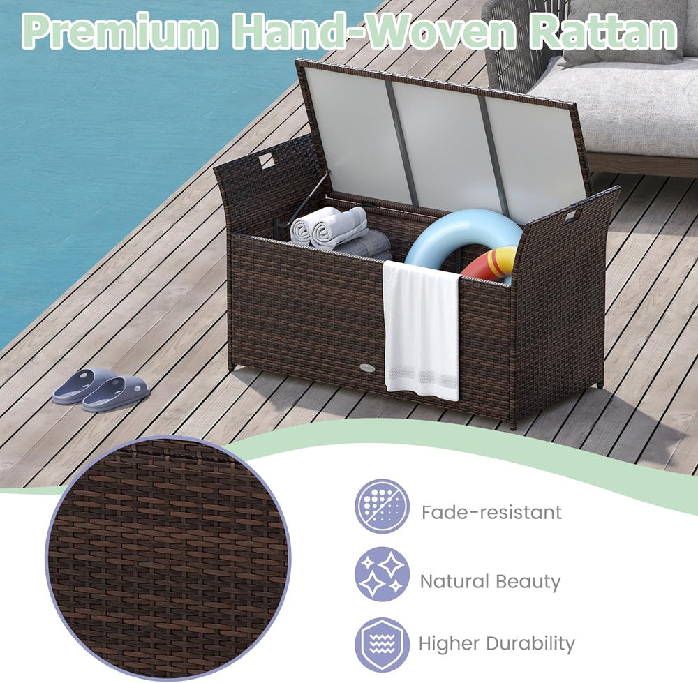 RELAX4LIFE Wicker Outdoor Storage Bench - 68 Gallon Rattan Deck Box w/Side Ha...