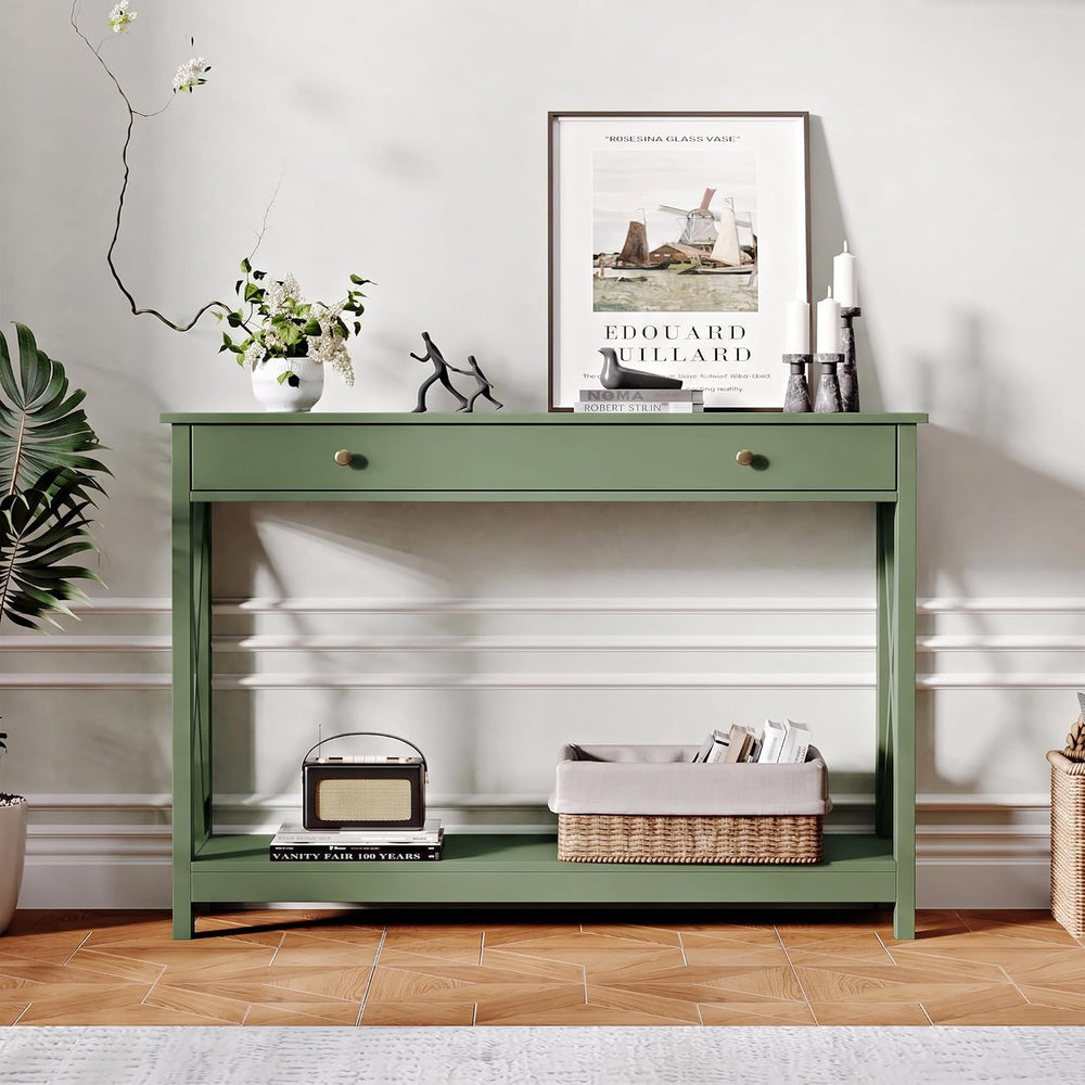 Treocho 40" Farmhouse Console Table with Drawer and Storage Shelves | En...