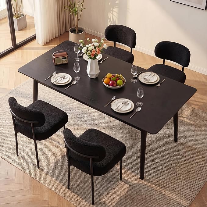 Dining Chairs, Beige Boucle Dining Chairs, Kitchen Dining Room Chairs Curved Backrest Comfortable Upholstered Mid Century Modern for Dining Room Decor (6, Black)