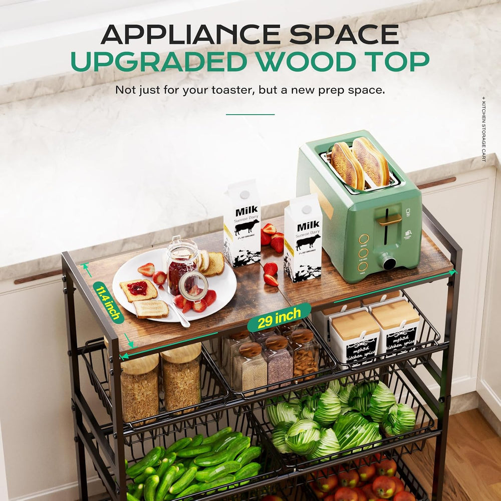 Cinati 4-Tier Utility Kitchen Cart with Wood Top, 29" W Kitchen Storage ...