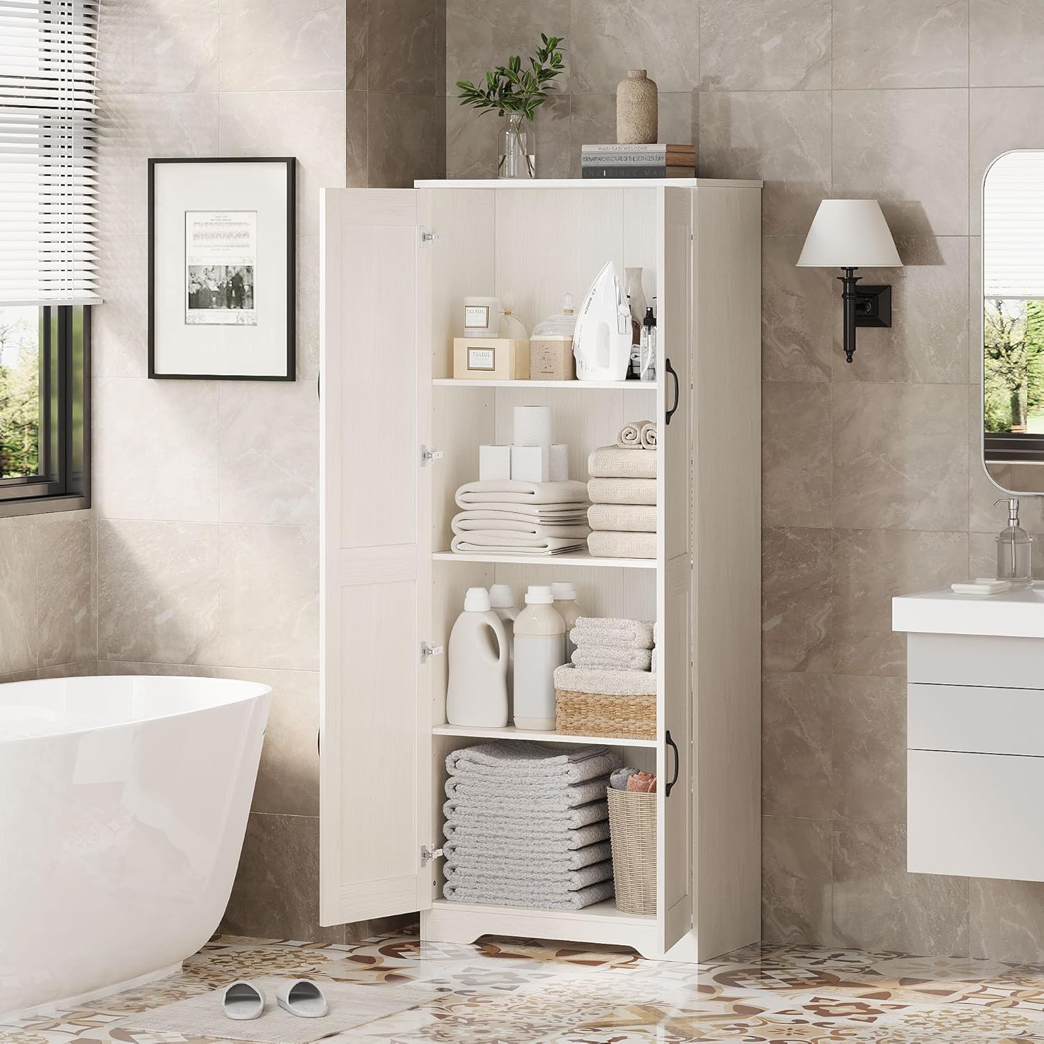CABIHOME White Pantry Storage Cabinet 60" Tall, 2-Door Adjustable Shelf Cupboard for Kitchen, Bathroom, Living Room - Tall Storage Furniture