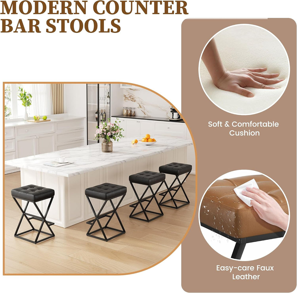 Bar Stools Set of 2, 26" Leather Counter Height Bar Stools, Black