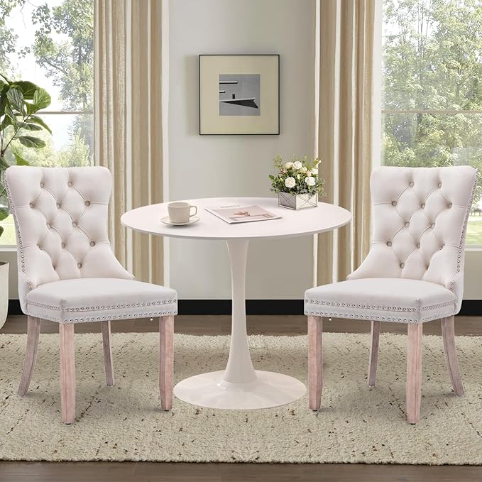 3-Piece Round Dining Table Set for 2,31.5" White Table & 2 Beige Velvet Chairs, Modern Space-Saving Kitchen Dining Set