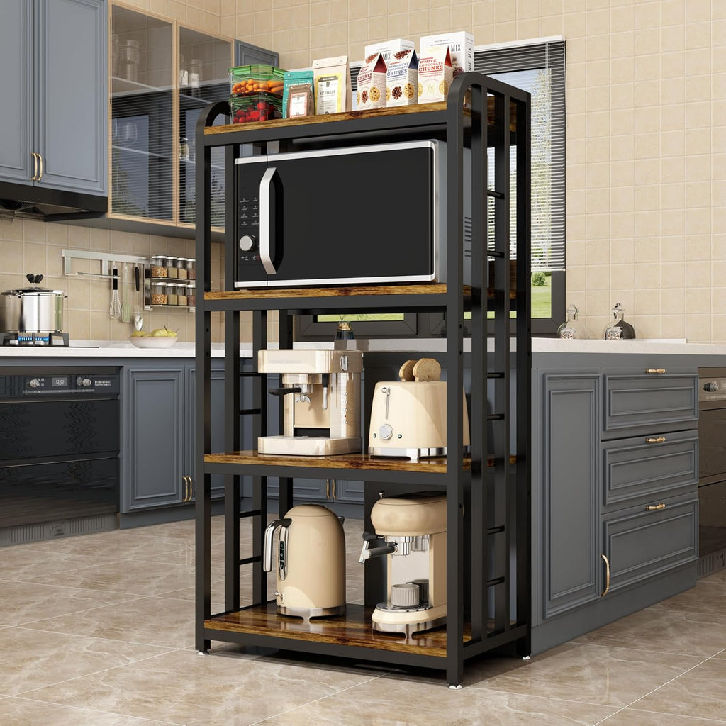 4-Tier Kitchen Baker's Rack with Rolling Wheels, Microwave Oven Cart Stand, Adjustable Utility Shelving Storage Unit, Heavy Duty Organizer Rack for Living Room, Garage, Home and Office(Brown)