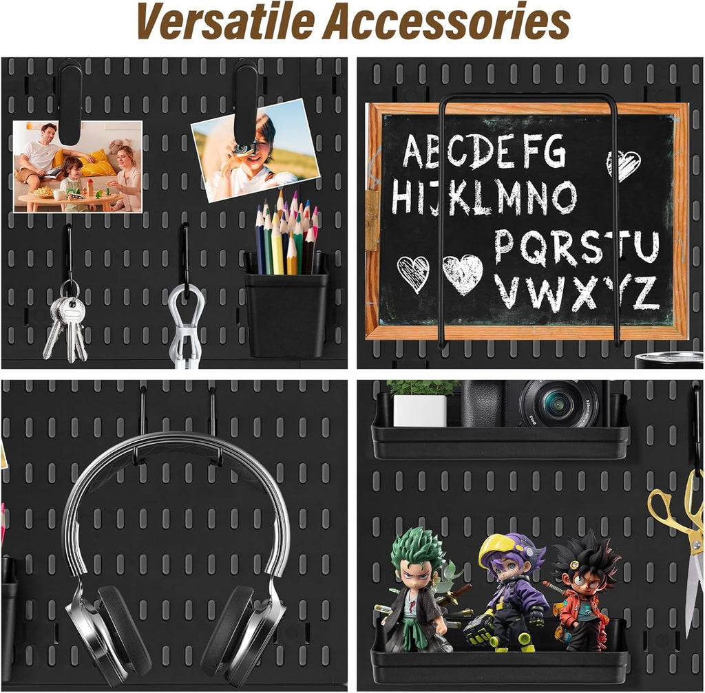 AKTOP Peg Board Wall Organizer 4-Pack – 12"x12" Black Pegboard Combination Kit with 13 Accessories for Wall, Plastic Peg Board Panels for Home, Office, Garage Tool Storage & Craft Room