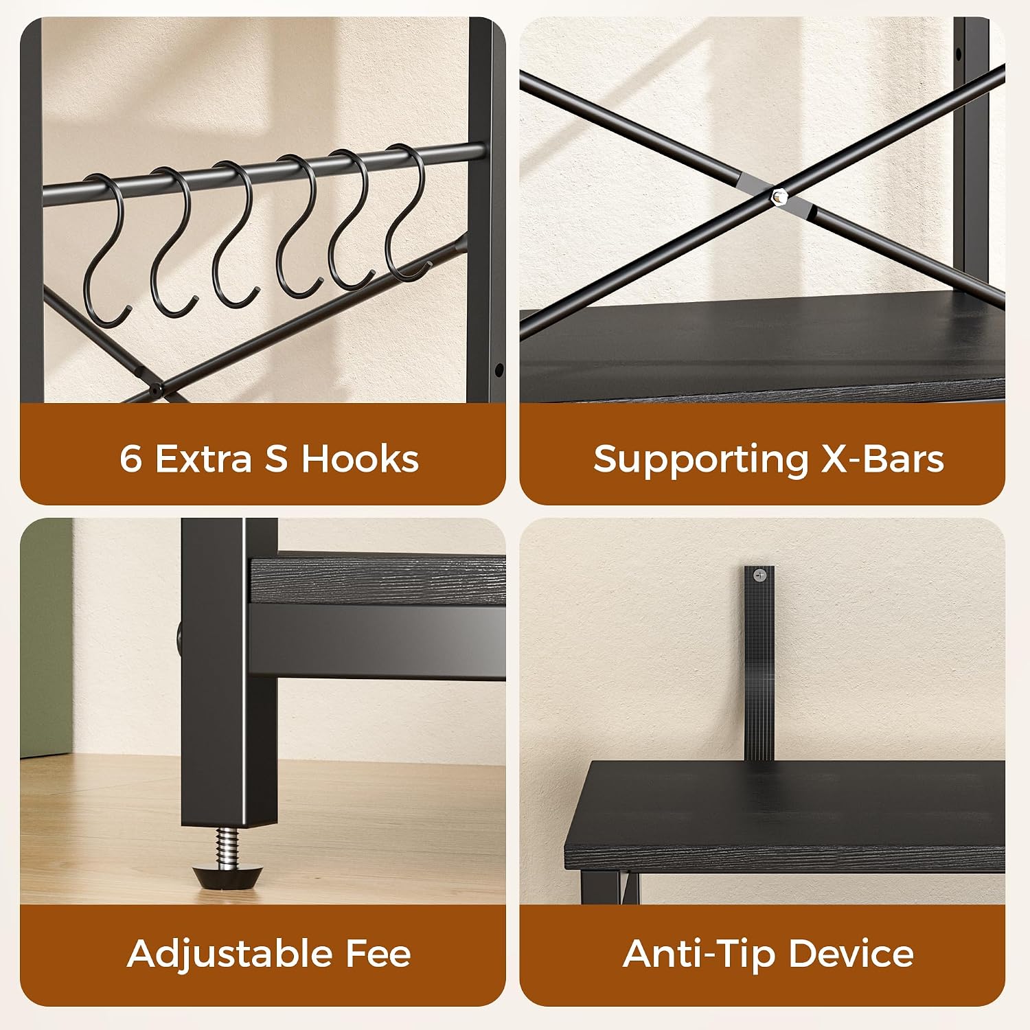 VUSIGN Kitchen Bakers Rack with Power Outlet, 4 Tiers Microwave Stand with Storage, 23.6 Inch Coffee Bar Station with 6 S Hooks, Adjustable Shelf Rack for Pots/Pans/Spices, Black