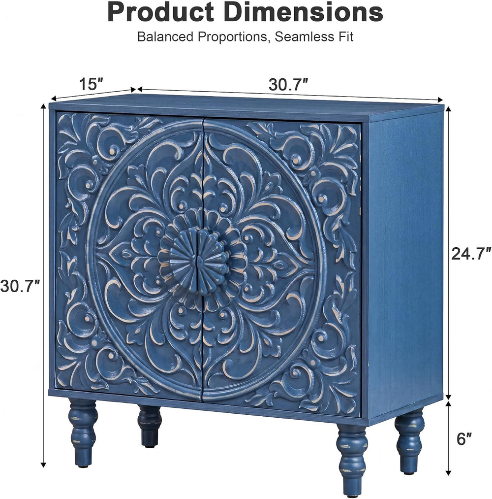 Blue Distressed Carved Accent Cabinet,2 Door Storage Sideboard for Entryway