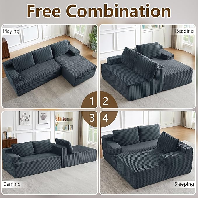 96.1" Modular Sectional Sofa Couches L-Shape Couch 3 Seat Modular Sofa Corduroy Memory Foam Sectional Boneless Couches for Living Room, Cloud Couch with Oversized Chaise(Dark Gray, Right Facing)