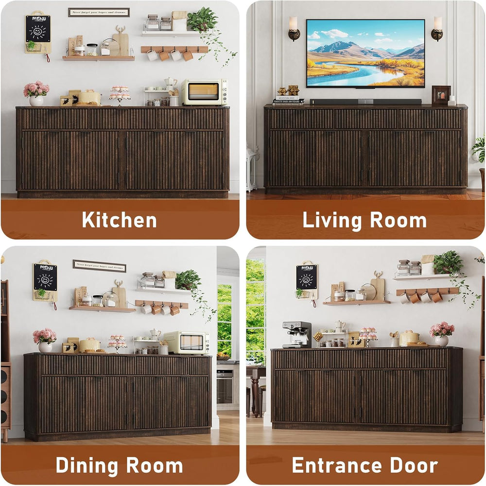 70” Rounded Edge Large Sideboard Buffet Cabinet with 3 Storage Drawers,Farmho...