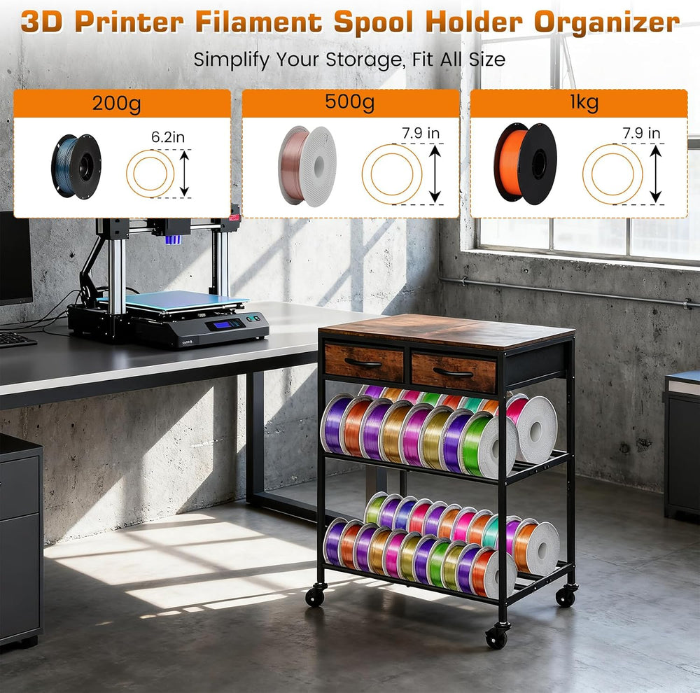 3D Printer Filament Storage Shelf with Drawers& Wheels, Heavy Duty 2-Tier...