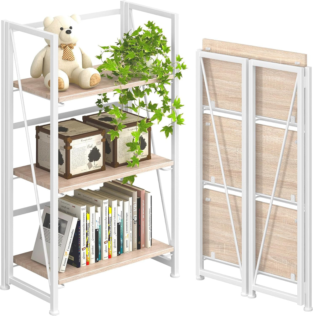 4NM No Assembly Folding Bookshelf Storage Shelves 3 Tier Vintage Bookcase Sta...