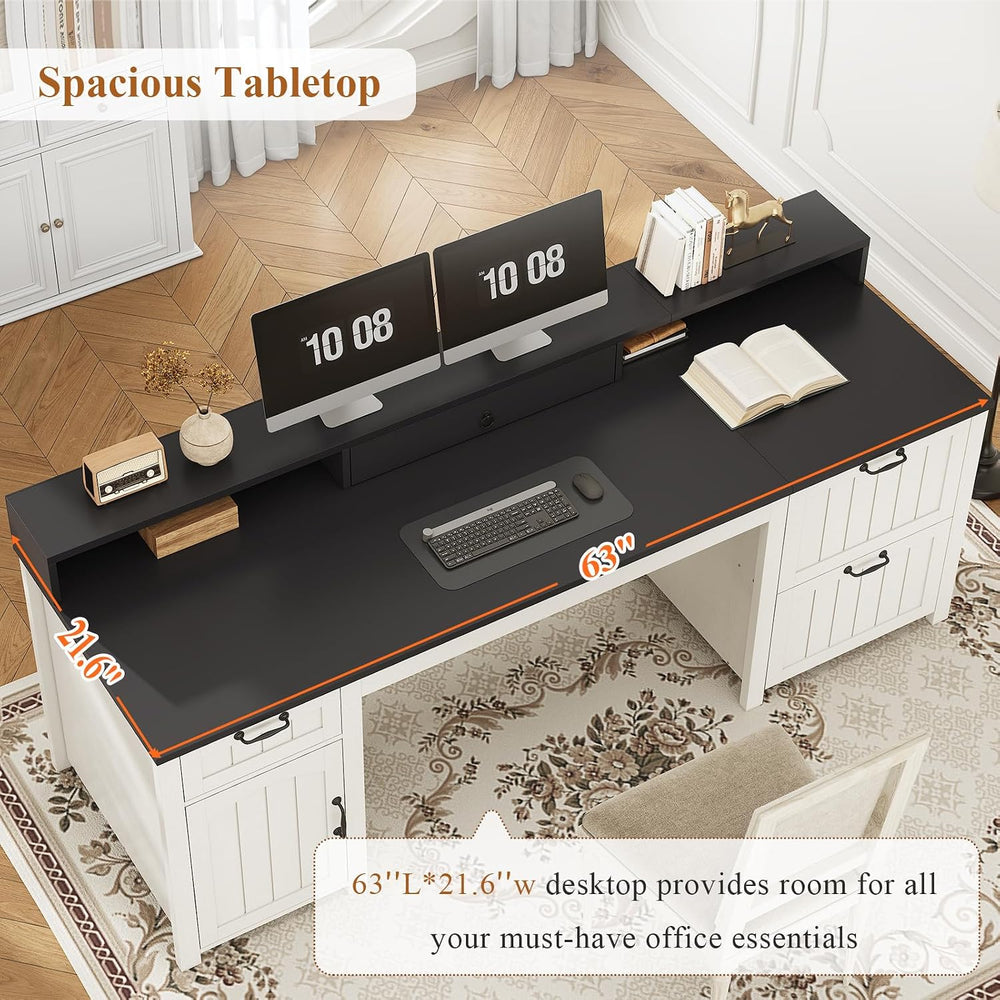 SEDETA 63" Farmhouse Executive Desk with Drawers and Storage, White + Black