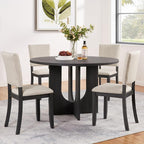 KEIKI 5-Piece Standard Height Dining Table Set with Round Table and 4 Upholstered Curved Backrset Chair, for 4 Person, Modern Wooden Table Set, Easy Assembly, for Kitchen, Dining Room, Beige+Black