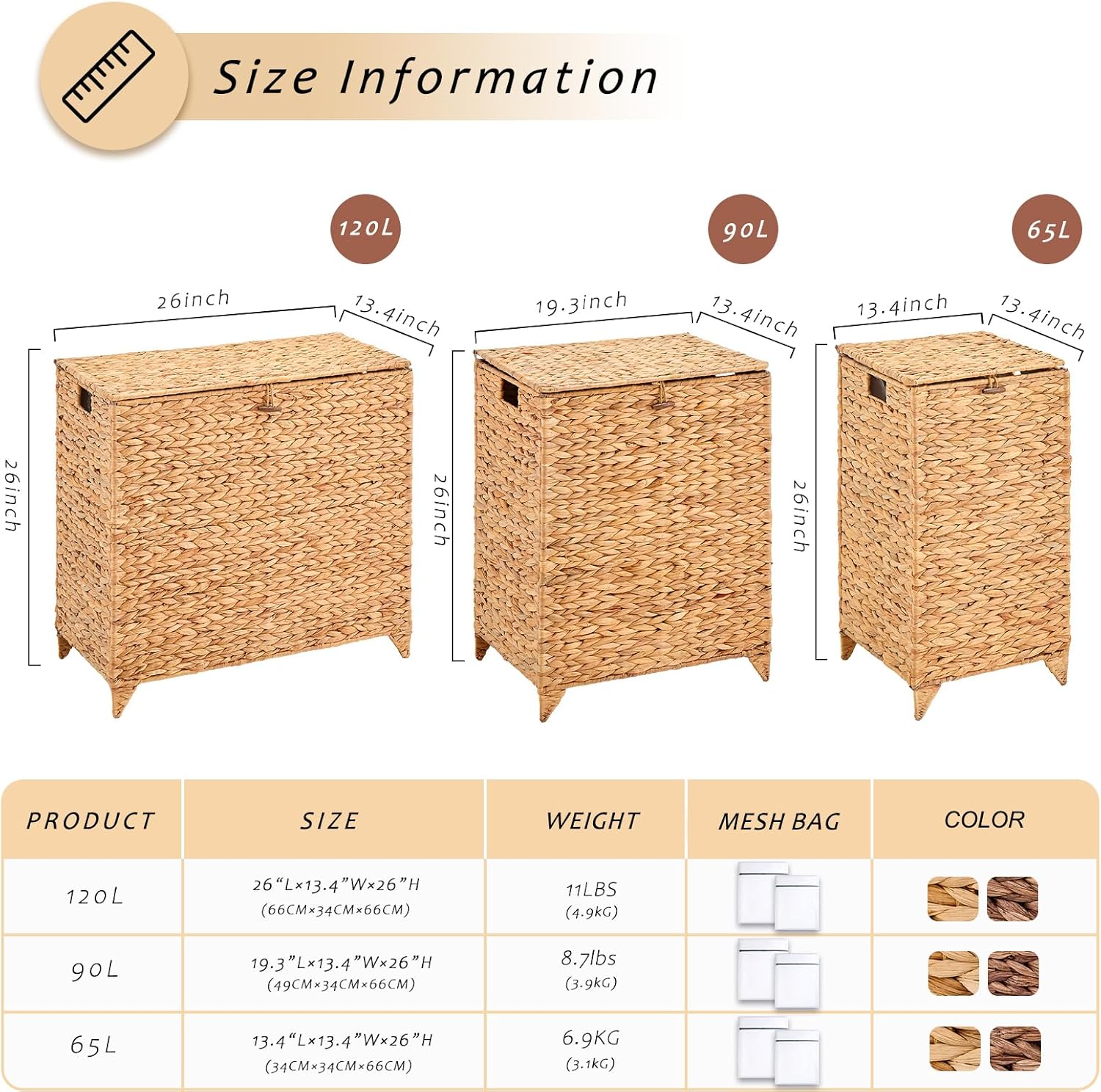 Handwoven Laundry Hamper with Lid, Natural Hyacinth Heightened Feet Laundry Basket, Wicker Clothes Hamper with Removable Liner Bag