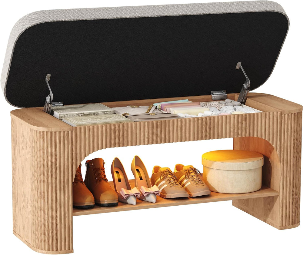 HOMEFORT 40.2" Fluted Storage Bench with Built-in LED Light, Flip-Top Sh...