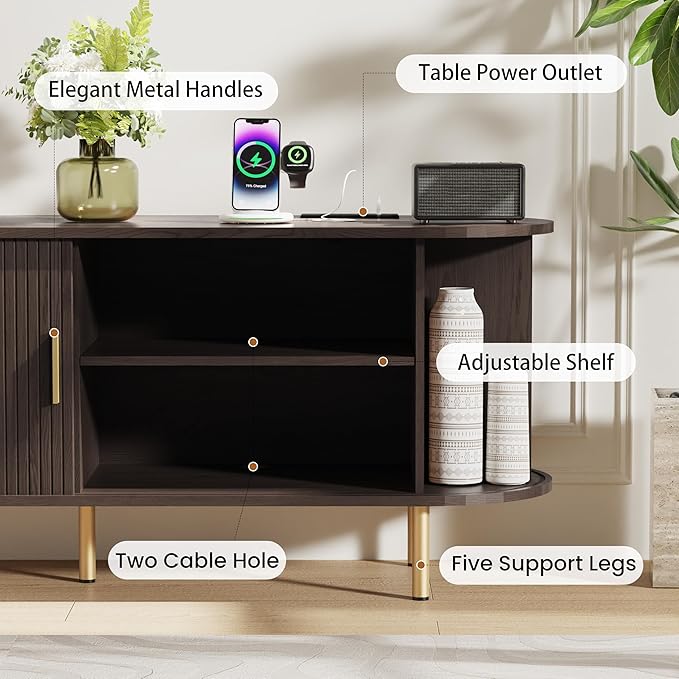 DHH 55 Inch Mid Century Modern TV Stand with Power Outlet for TVs up to 60 Inch, Entertainment Center with Storage and Adjustable Shelves, Media Console with Sliding Doors for Living Room(Brown)