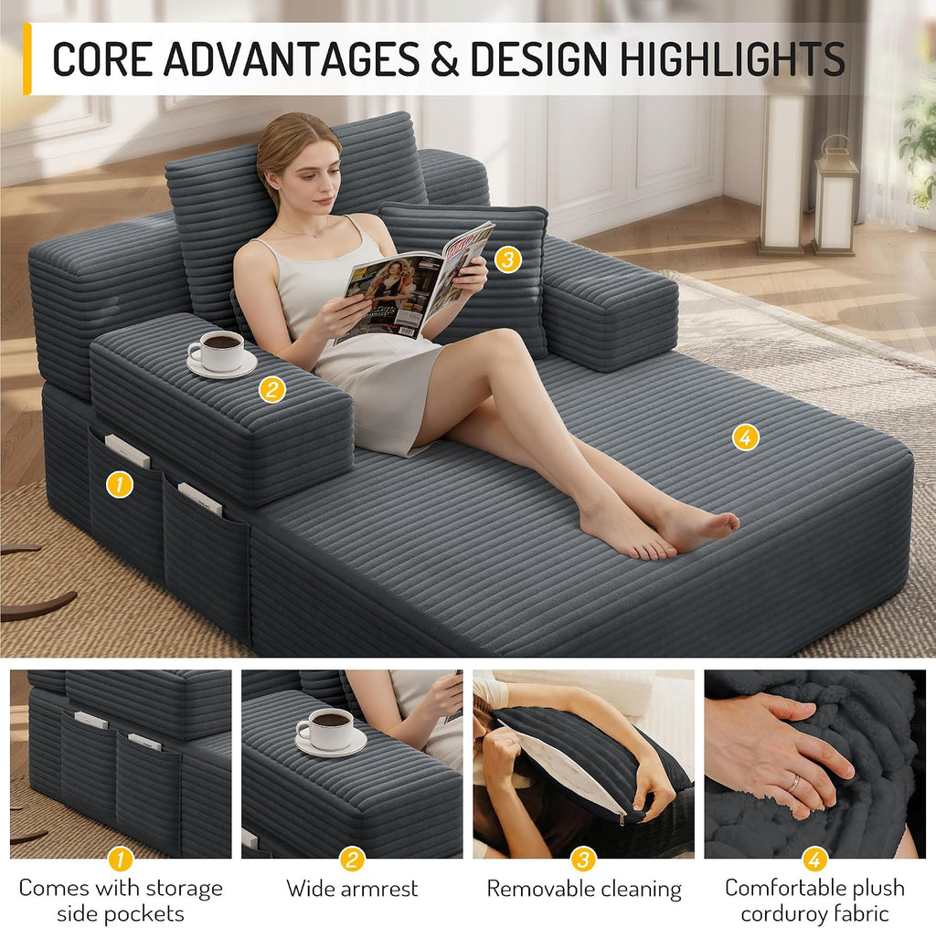 2-in-1 Convertible Chaise Lounge Indoor, 60.2" Corduroy Upholstered Chaise Lounge Chair that Converts to Sleeper Bed,Compressed Sofa with Side Storage Pockets and 3 Pillows for Bedroom Apartment Dorm