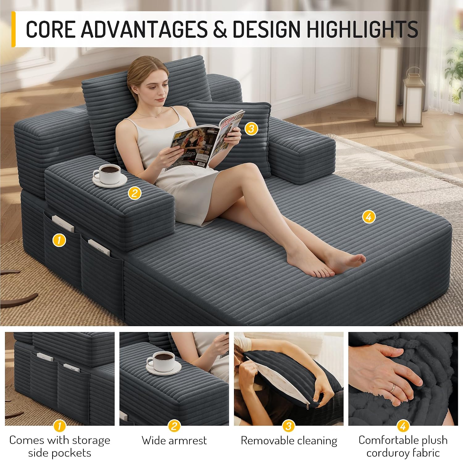 2-in-1 Convertible Chaise Lounge Indoor, 60.2" Corduroy Upholstered Chaise Lounge Chair that Converts to Sleeper Bed,Compressed Sofa with Side Storage Pockets and 3 Pillows for Bedroom Apartment Dorm