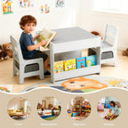 Kinder King Kids Wood Table & 2 Chairs Set, 4 in 1 Children Activity Table w/Double Bookcase, Blackboard, Toddler Furniture Set for Art, Crafts, Drawing, Reading, Playroom, Grey