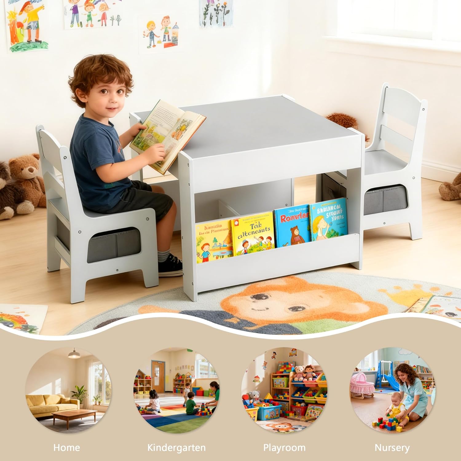 Kinder King Kids Wood Table & 2 Chairs Set, 4 in 1 Children Activity Table w/Double Bookcase, Blackboard, Toddler Furniture Set for Art, Crafts, Drawing, Reading, Playroom, Grey