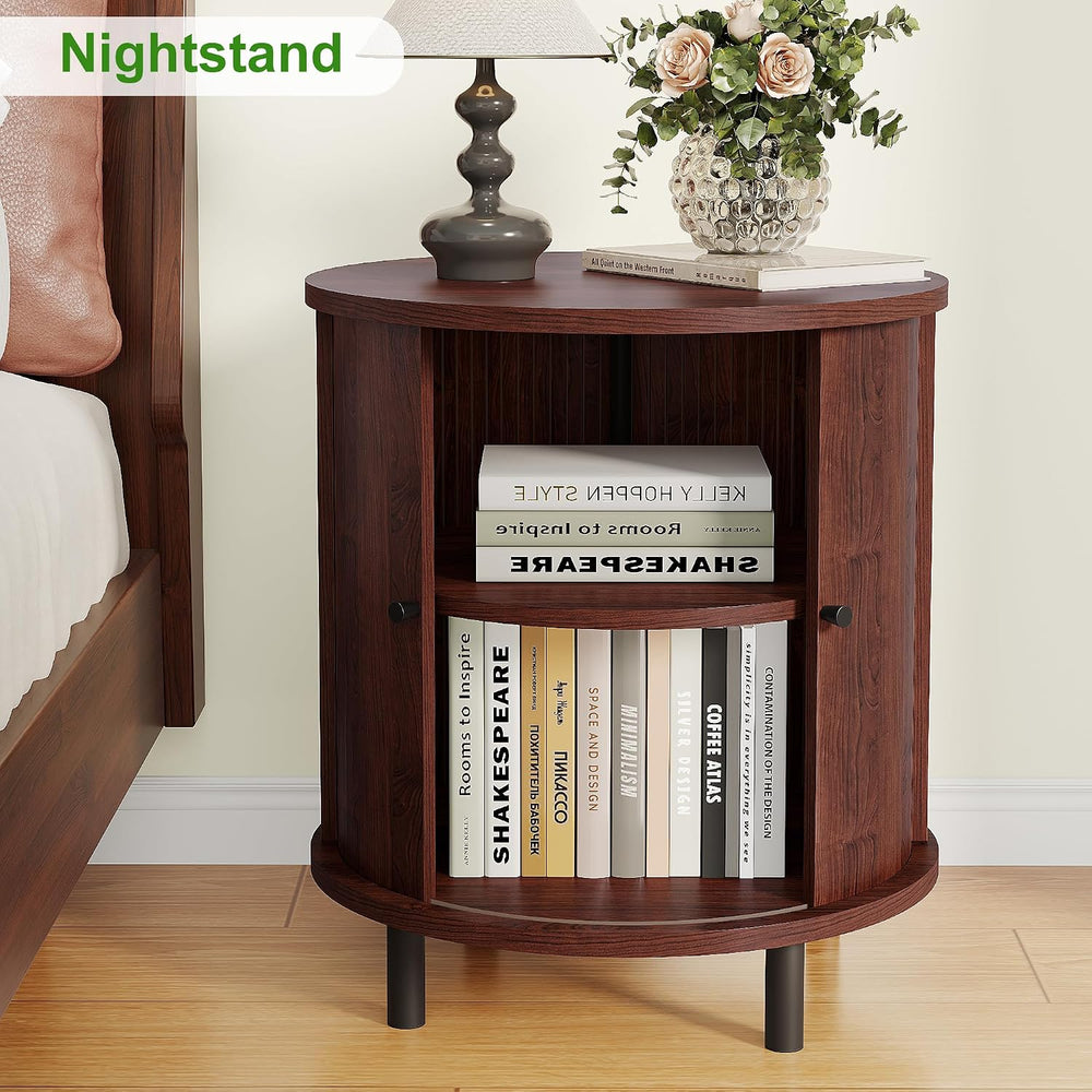 FROMJBEST Round End Table with Storage, Fluted Accent Side Table with Sliding...