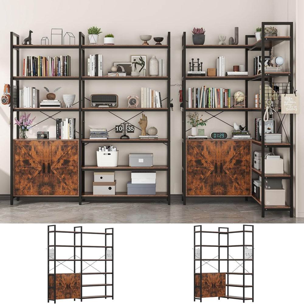 6-tire Farmhouse Corner Book Shelf with 2 Barn Doors and 10 Storage Shelves, ...